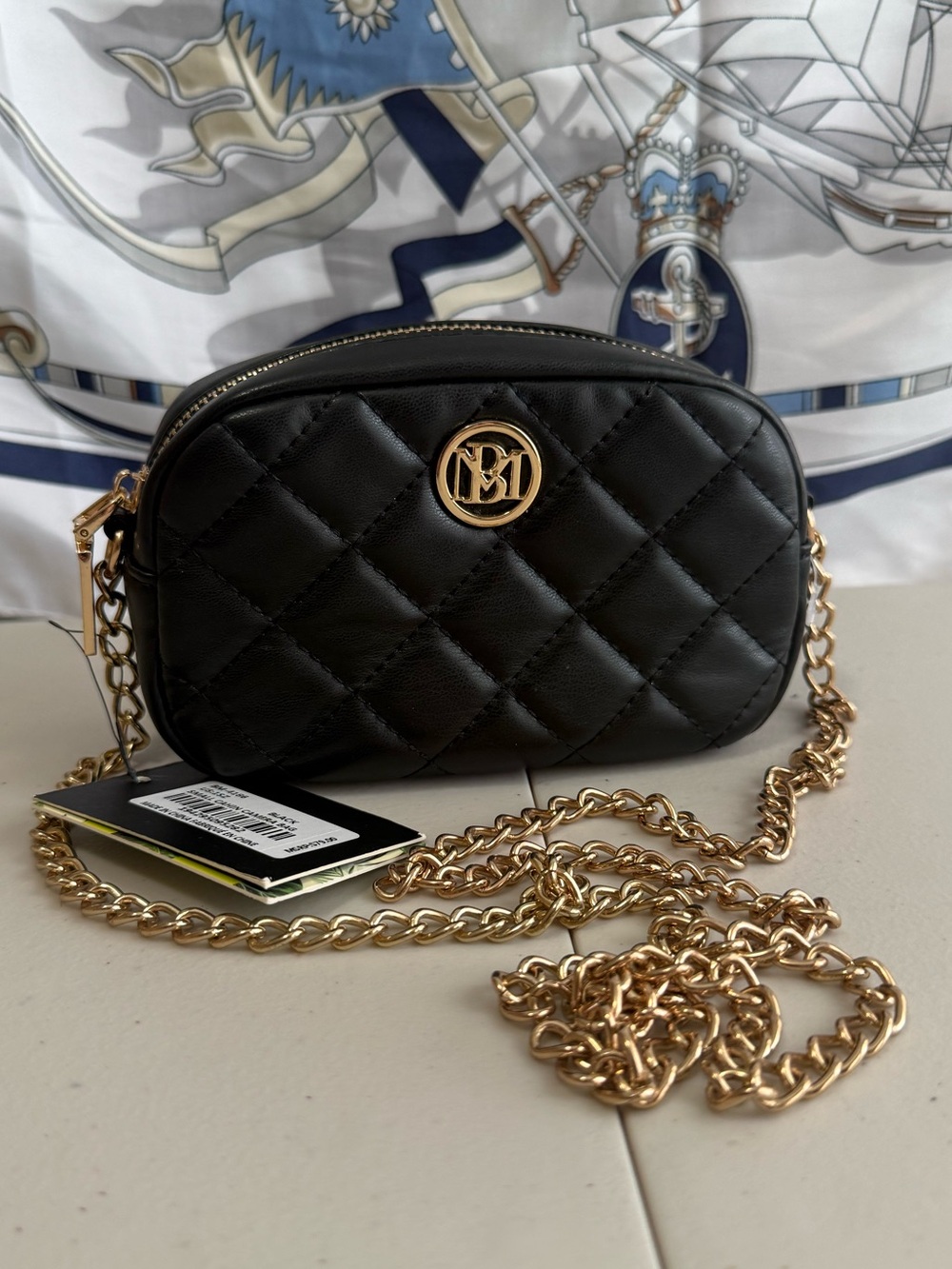 Badgley Mischka NWT Quilted Black Mini Crossbody Bag with Gold Chain